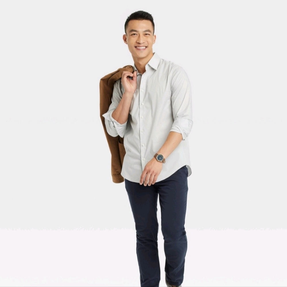 Goodfellow & Co-Mens Performance Dress Long Sleeve Button Down Shirt-Light Gray
